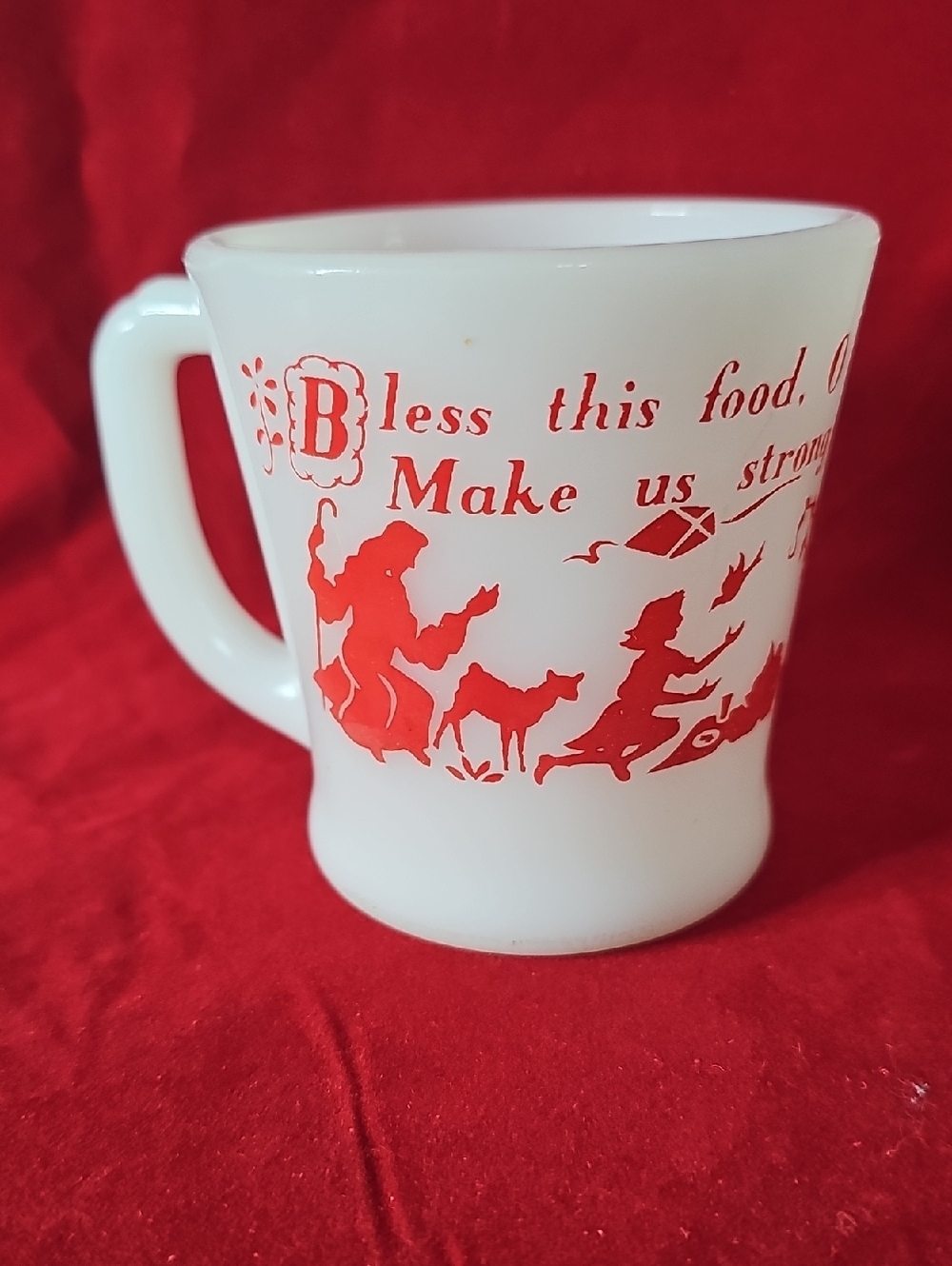 Vintage Fire King White Glass Mug with Red Silhouette Print